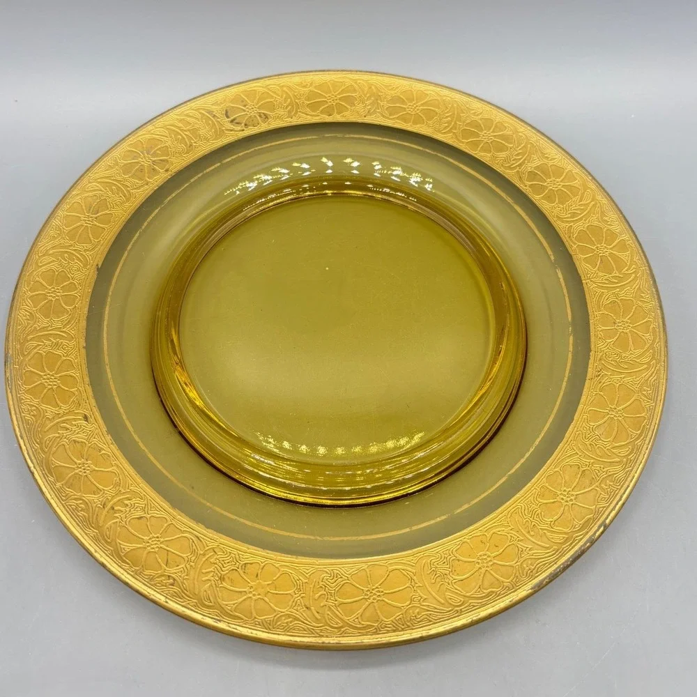 Vintage Glass Plate Gold Encrusted Floral Rim 7.25 Inch Yellow‎